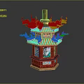 Cartoon Scene Ornate Traditional Lantern With Red Green Hues Dragon Decorations And Tower Structure
