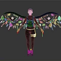 Game Movie Character In Black Tight Suit With Mechanical Wings Feathers Circular Elements Holding Weapon