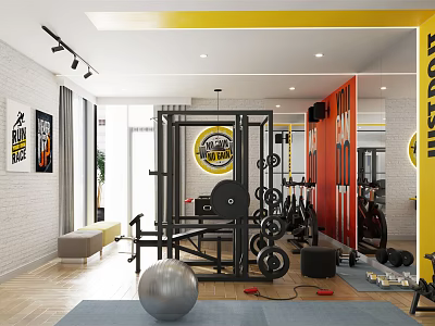 Modern Fitness Gym Interior With Workout Equipment Exercise Ball Barbells And Dumbbells 3d model