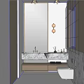 Modern Bathroom Interior With Marble Vanity Mirror Round Wall Lights And Wooden Cabinets