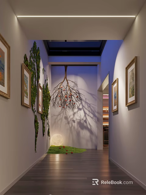 Elevator Hallway Interior Design With Framed Paintings Green Plant Decoration And Branch Shaped Chandelier 3d model 