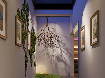 Elevator Hallway Interior Design With Framed Paintings Green Plant Decoration And Branch Shaped Chandelier 3d model