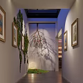 Elevator Hallway Interior Design With Framed Paintings Green Plant Decoration And Branch Shaped Chandelier