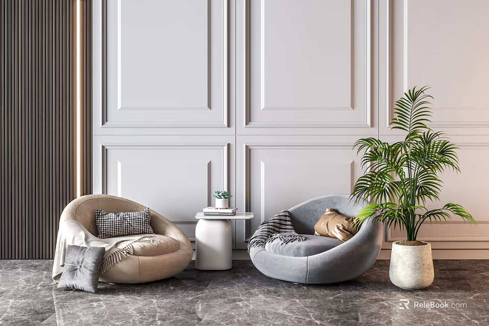 Casual Sofa Set with Beige and Gray Armchairs Side Table Green Plants Textured White Wall 3d model 