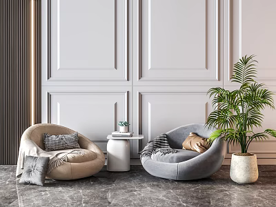 Casual Sofa Set with Beige and Gray Armchairs Side Table Green Plants Textured White Wall 3d model