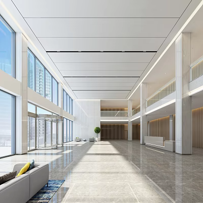 Modern Front Desk Reception In Spacious Lobby With Large Windows Marble Floor And Green Plant 3d model