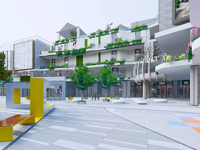Modern Commercial Street with Multi Story Buildings Green Plants Plaza Leisure Facilities and Colorful Ground 3d model