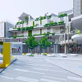 Modern Commercial Street with Multi Story Buildings Green Plants Plaza Leisure Facilities and Colorful Ground