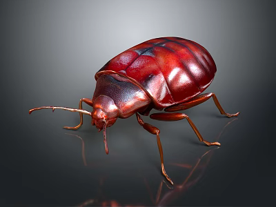 Shiny Red Brown Beetle With Glossy Exoskeleton Long Legs And Antennae On Dark Surface 3d model