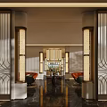 Luxurious Hotel Lobby Interior With Decorative Screens Columns Chandelier And Red Sofas