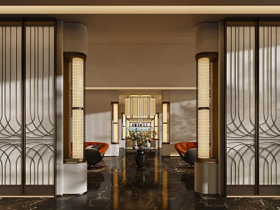 Luxurious Hotel Lobby Interior With Decorative Screens Columns Chandelier And Red Sofas 3d model