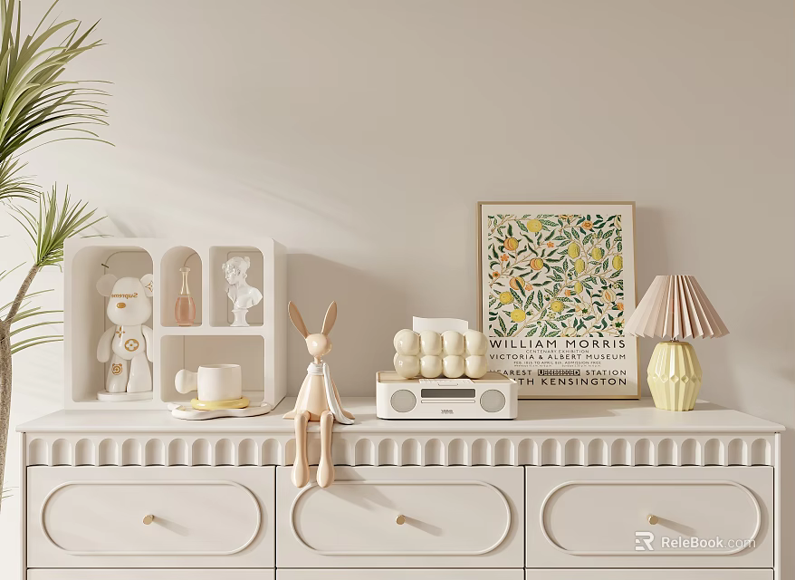 Decorative Ornament Set on White Dresser with Rabbit Teddy Bear Candles Radio Leaf Painting 3d model 