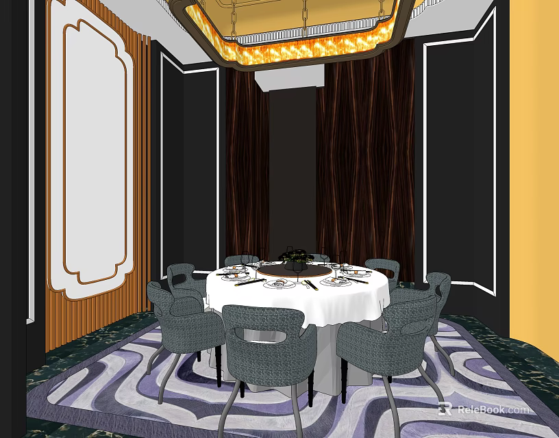 Elegant Private Dining Room Interior With Round Table Chairs Chandelier Decorative Walls And Patterned Rug 3d model 