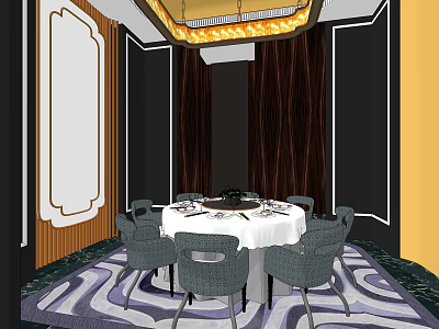 Elegant Private Dining Room Interior With Round Table Chairs Chandelier Decorative Walls And Patterned Rug 3d model