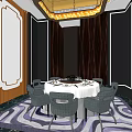 Elegant Private Dining Room Interior With Round Table Chairs Chandelier Decorative Walls And Patterned Rug