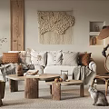Cozy Living Room Interior With Wooden Beams Sofa Carpet And Woven Wall Art