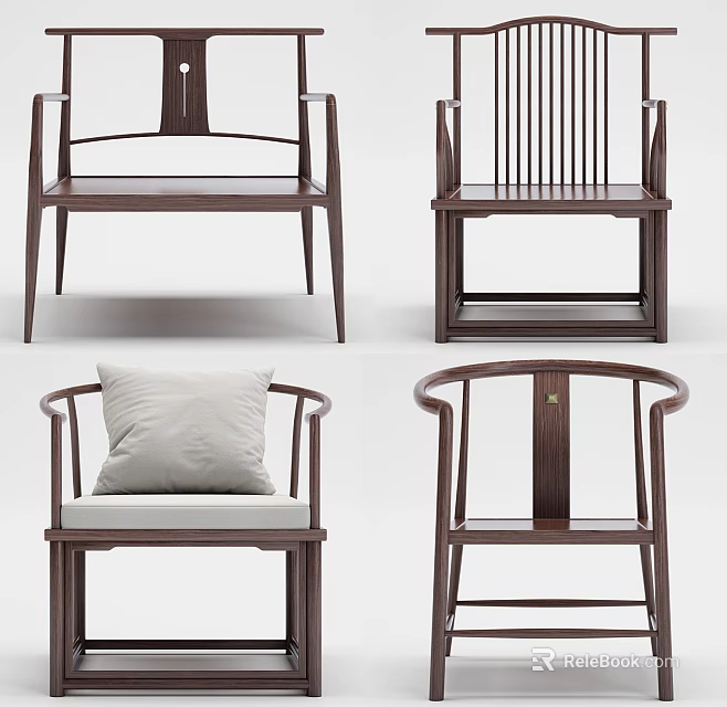 Traditional Chinese Wooden Armchairs with Different Backrest Designs and Armrest Shapes for Living Room Decor 3d model 