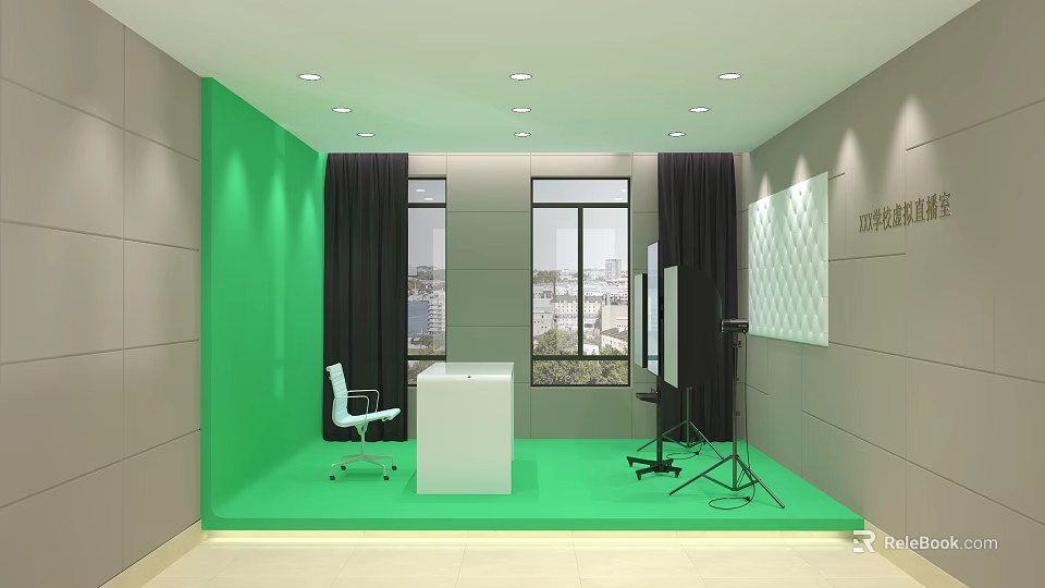 Public Office Space Interior With Green Wall White Desk Office Chair Black Curtains And Windows 3d model 