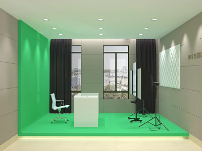 Public Office Space Interior With Green Wall White Desk Office Chair Black Curtains And Windows 3d model