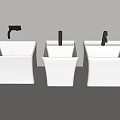 Three Modern White Square Bathroom Sinks With Faucets And Water Flowing