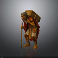Hunchbacked Elderly Man Carrying Large Box With Wooden Walking Stick And Simple Robe