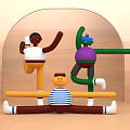 Colorful Dancing Dolls With Striped Shirts Yellow Pants And Wooden Arch Background
