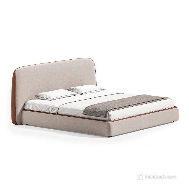Modern Double Bed With Beige Upholstered Headboard Brown Trim White Sheets Gray Blanket 3d model 