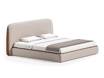 Modern Double Bed With Beige Upholstered Headboard Brown Trim White Sheets Gray Blanket 3d model