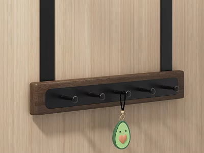 Stylish Wooden Hook Rack Mounted On Wooden Wall With Black Hooks And Avocado Shaped Ornament 3d model