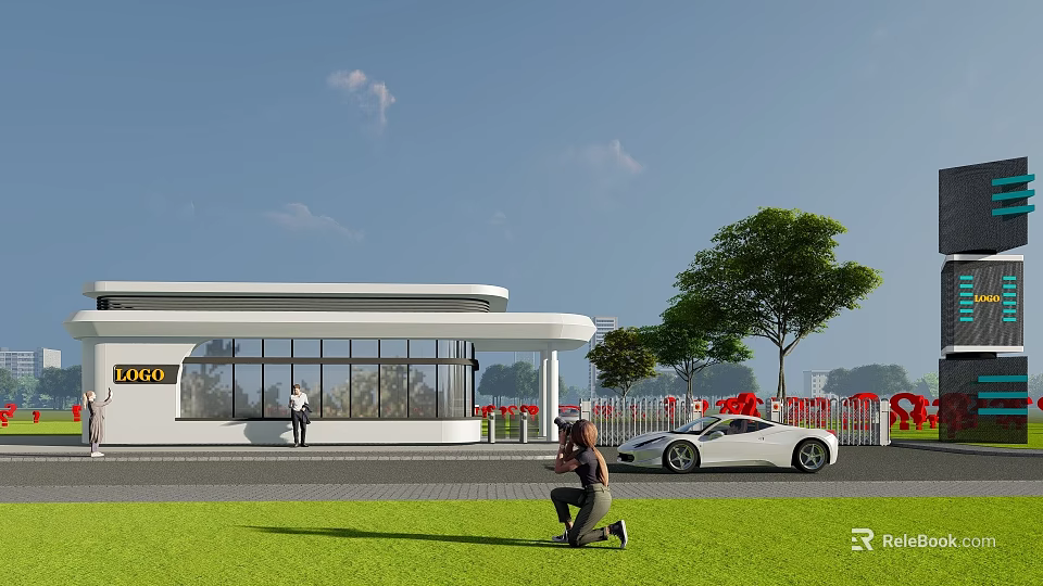 Porsche Showroom Exterior With Modern Glass Building White Sports Car And Lawn Scene 3d model 