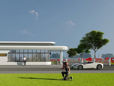 Porsche Showroom Exterior With Modern Glass Building White Sports Car And Lawn Scene 3d model