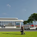 Porsche Showroom Exterior With Modern Glass Building White Sports Car And Lawn Scene