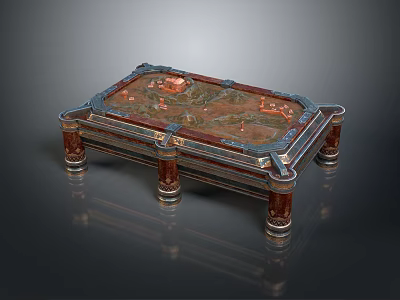 Elegant Commercial Equipment Table with Carved Decorative Surface and Classic Red Blue Copper Design 3d model