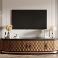 Modern Woven Design TV Stand With Gold Handles Decorative Items Wall-Mounted TV Striped Wallpaper