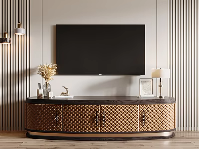 Modern Woven Design TV Stand With Gold Handles Decorative Items Wall-Mounted TV Striped Wallpaper 3d model