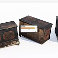 Three Vintage Wooden Trunks With Ornate Carved Designs And Antique Finish
