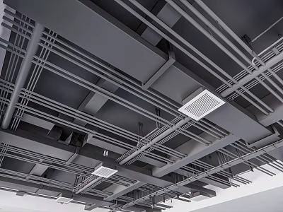 Exposed Industrial Ceiling Design with Metal Framework Pipes and Ventilation Grilles 3d model