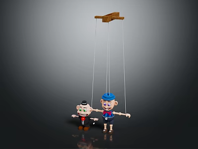 Two Marionette Puppets With Strings And Wooden Control Bar In Different Colors 3d model