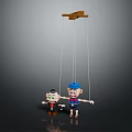 Two Marionette Puppets With Strings And Wooden Control Bar In Different Colors