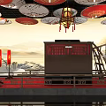 Traditional Chinese Museum Interior With Red Lanterns Oil Paper Umbrellas And Landscape Paintings