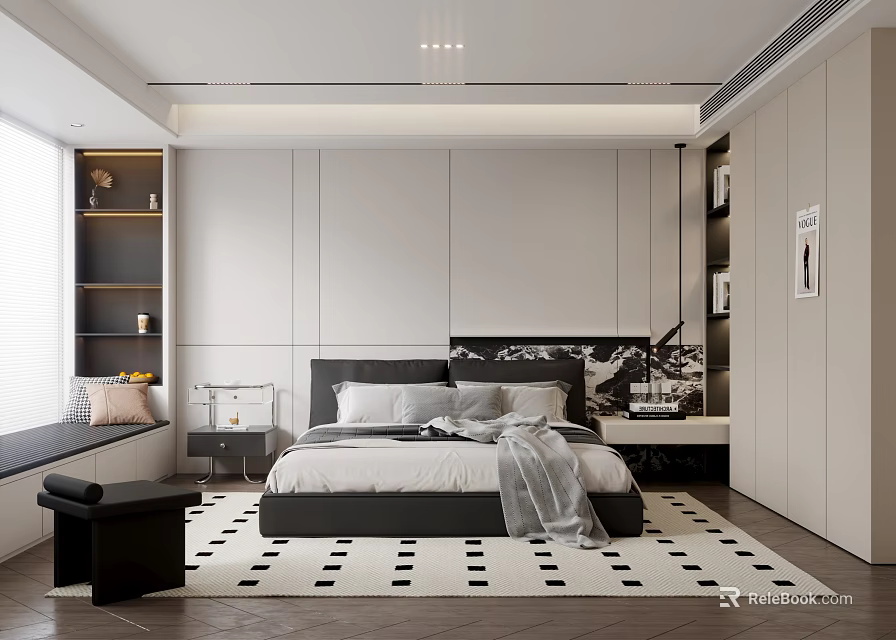 Modern Bedroom Interior With Large Bed Decorative Headboard And Area Rug 3d model