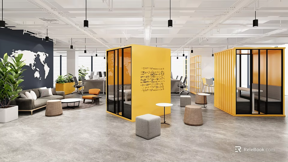 Modern Public Office Space Interior With Yellow Glass Partitions And Gray Stools 3d model 