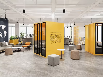 Modern Public Office Space Interior With Yellow Glass Partitions And Gray Stools 3d model