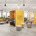 Modern Public Office Space Interior With Yellow Glass Partitions And Gray Stools