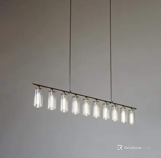 Linear Chandelier With Multiple Glass Shades Hanging On Long Metal Bar Against Light Wall 3d model 