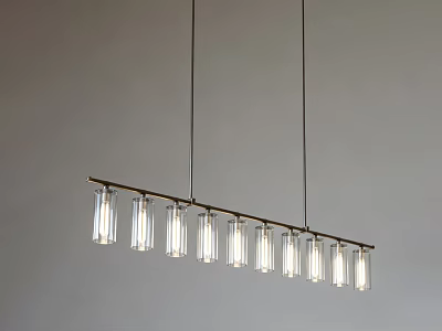 Linear Chandelier With Multiple Glass Shades Hanging On Long Metal Bar Against Light Wall 3d model