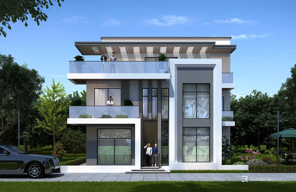 Modern Detached Villa Exterior With Large Windows Balconies Greenery And Car 3d model 