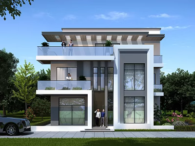 Modern Detached Villa Exterior With Large Windows Balconies Greenery And Car 3d model