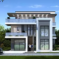 Modern Detached Villa Exterior With Large Windows Balconies Greenery And Car