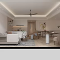 Modern Living And Dining Room Interior With Sofa Coffee Table Dining Chairs Ceiling Fan And Artwork